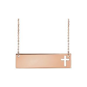 14k Rose Gold Engravable Bar Pierced Cross Necklace, 16-18 Inch